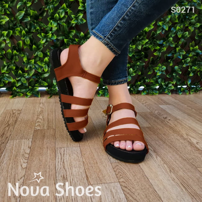 Moderna Sandalia Con 3 Fajas Delanteras Y Gargantilla Cafe / 35 Normal Zapatos Bajitos