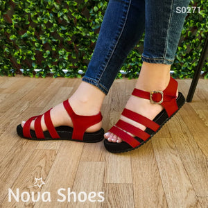 Moderna Sandalia Con 3 Fajas Delanteras Y Gargantilla Rojo / 35 Normal Zapatos Bajitos