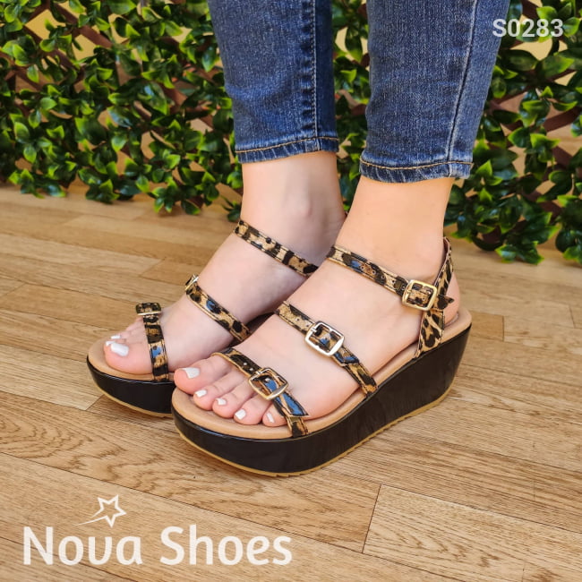 Original Plataforma Con Fajas Ajustables Y Diseño De Leopardo Ademas Hecho En Charol Zapatos