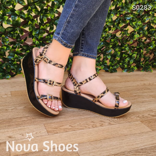 Original Plataforma Con Fajas Ajustables Y Diseño De Leopardo Ademas Hecho En Charol Zapatos