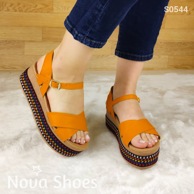 Plataforma Colorida De Fajas Cruzadas Con Hebilla En El Talón Anaranjado / 35 Normal Zapatos