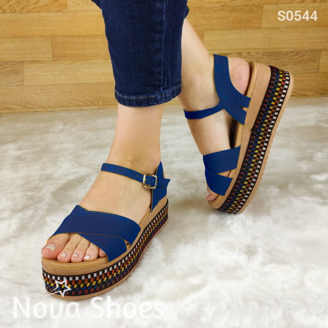Plataforma Colorida De Fajas Cruzadas Con Hebilla En El Talón Azul / 35 Normal Zapatos Medianos