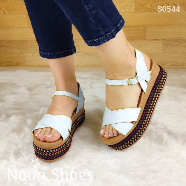 Plataforma Colorida De Fajas Cruzadas Con Hebilla En El Talón Blanco / 35 Normal Zapatos Medianos