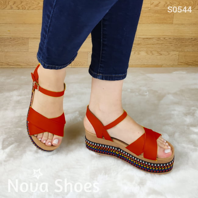 Plataforma Colorida De Fajas Cruzadas Con Hebilla En El Talón Rojo / 35 Normal Zapatos Medianos