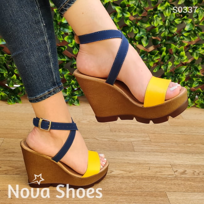 Plataforma Con Fajitas Delgadas De Colores Combinados Amarillo / 35 Normal Zapatos Altos