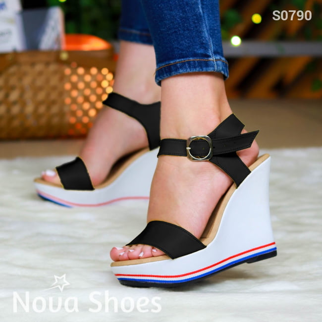Plataforma Con Suela Blanca Combinado Cuerina Negro / 35 Normal Zapatos Altos