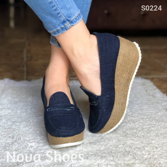 Plataforma Con Suela De Bramante Forrada Tela Jean Zapatos Medianos