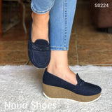 Plataforma Con Suela De Bramante Forrada Tela Jean Zapatos Medianos