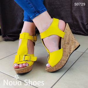 Plataforma Con Suela Forrada Estilo Corcho Diseñada En Cuerina Amarillo / 35 Normal Zapatos Altos