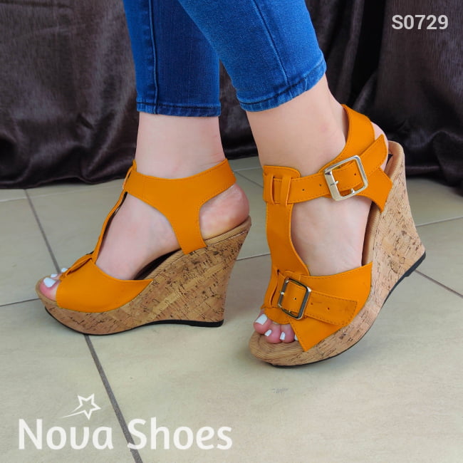 Plataforma Con Suela Forrada Estilo Corcho Diseñada En Cuerina Anaranjado / 35 Normal Zapatos Altos