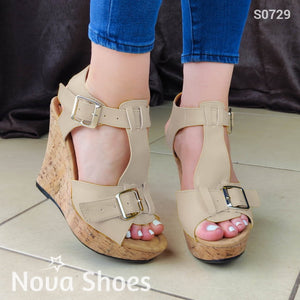 Plataforma Con Suela Forrada Estilo Corcho Diseñada En Cuerina Beige / 35 Normal Zapatos Altos