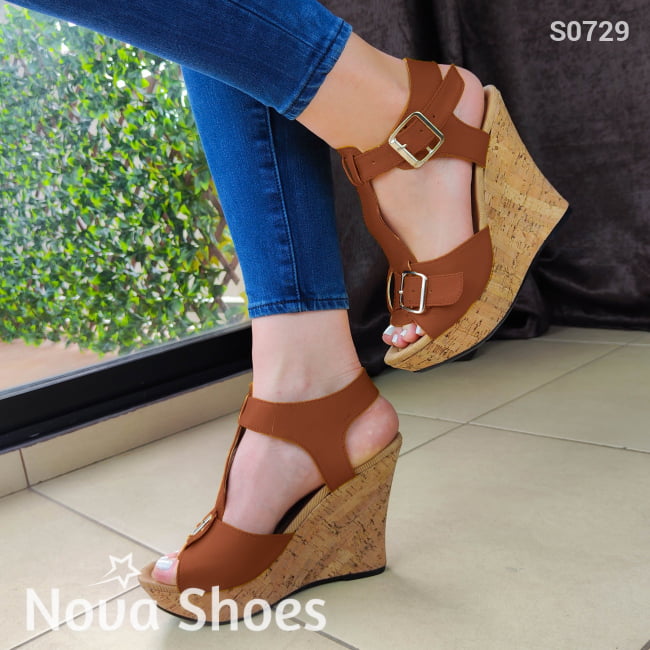 Plataforma Con Suela Forrada Estilo Corcho Diseñada En Cuerina Cafe / 35 Normal Zapatos Altos