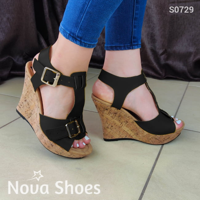 Plataforma Con Suela Forrada Estilo Corcho Diseñada En Cuerina Negro / 35 Normal Zapatos Altos