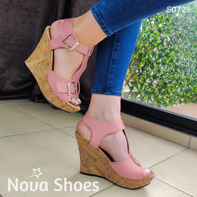 Plataforma Con Suela Forrada Estilo Corcho Diseñada En Cuerina Rosado / 35 Normal Zapatos Altos