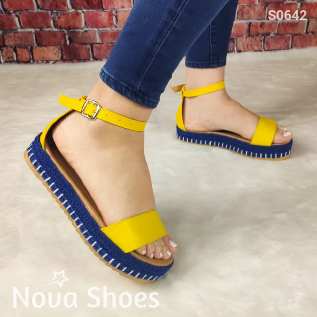 Plataforma De Color Azul. Bonito Diseño Amarillo / 35 Normal Zapatos Medianos