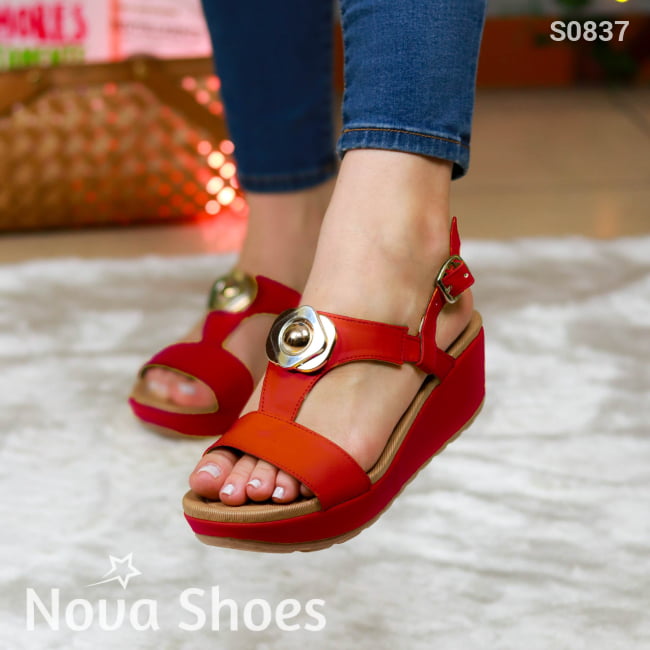 Plataforma De Cuerina Unida Del Medio Decorada Con Chapa Metalica Frontal Rojo / 34 Normal Zapatos