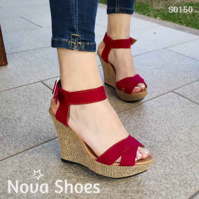 Plataforma De Gamuza Con Fajas Cruzadas Rojo / 35 Normal Zapatos Altos