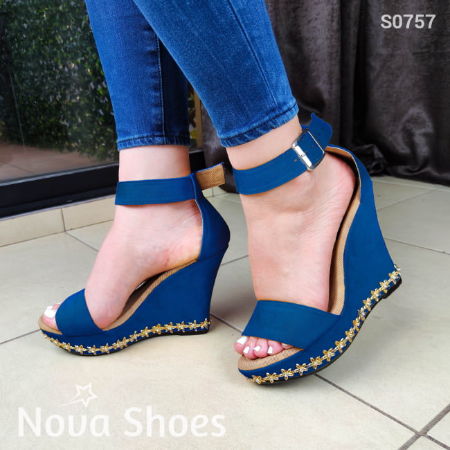 Plataforma Elaborada En Gamuza Disponible Varios Colores. Estilo Abierto De Adelante Azul / 35