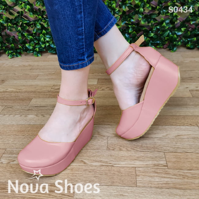 Plataforma Mediana Cerrada De Enfrente Hecha Cuerina Diseñada Con Gargantilla Rosado / 34 Normal