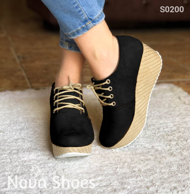 Plataforma Mediana Con Suela Forrada De Bramante Negro / 34 Normal Zapatos Medianos