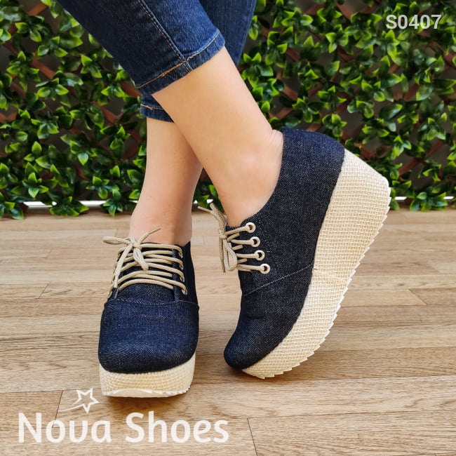 Plataformas De Jean Con Cordones. Muy Casuales Zapatos Medianos