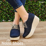Plataformas De Jean Con Cordones. Muy Casuales Zapatos Medianos