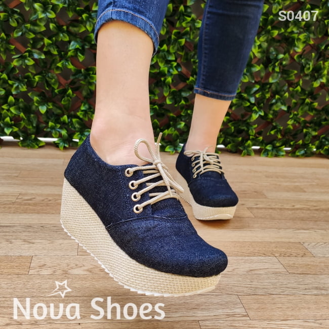 Plataformas De Jean Con Cordones. Muy Casuales Zapatos Medianos