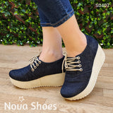 Plataformas De Jean Con Cordones. Muy Casuales Zapatos Medianos