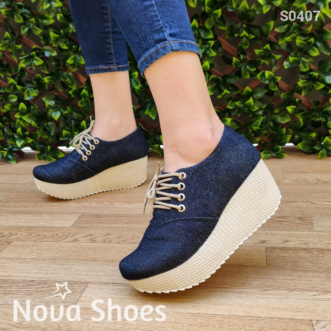 Plataformas De Jean Con Cordones. Muy Casuales Zapatos Medianos