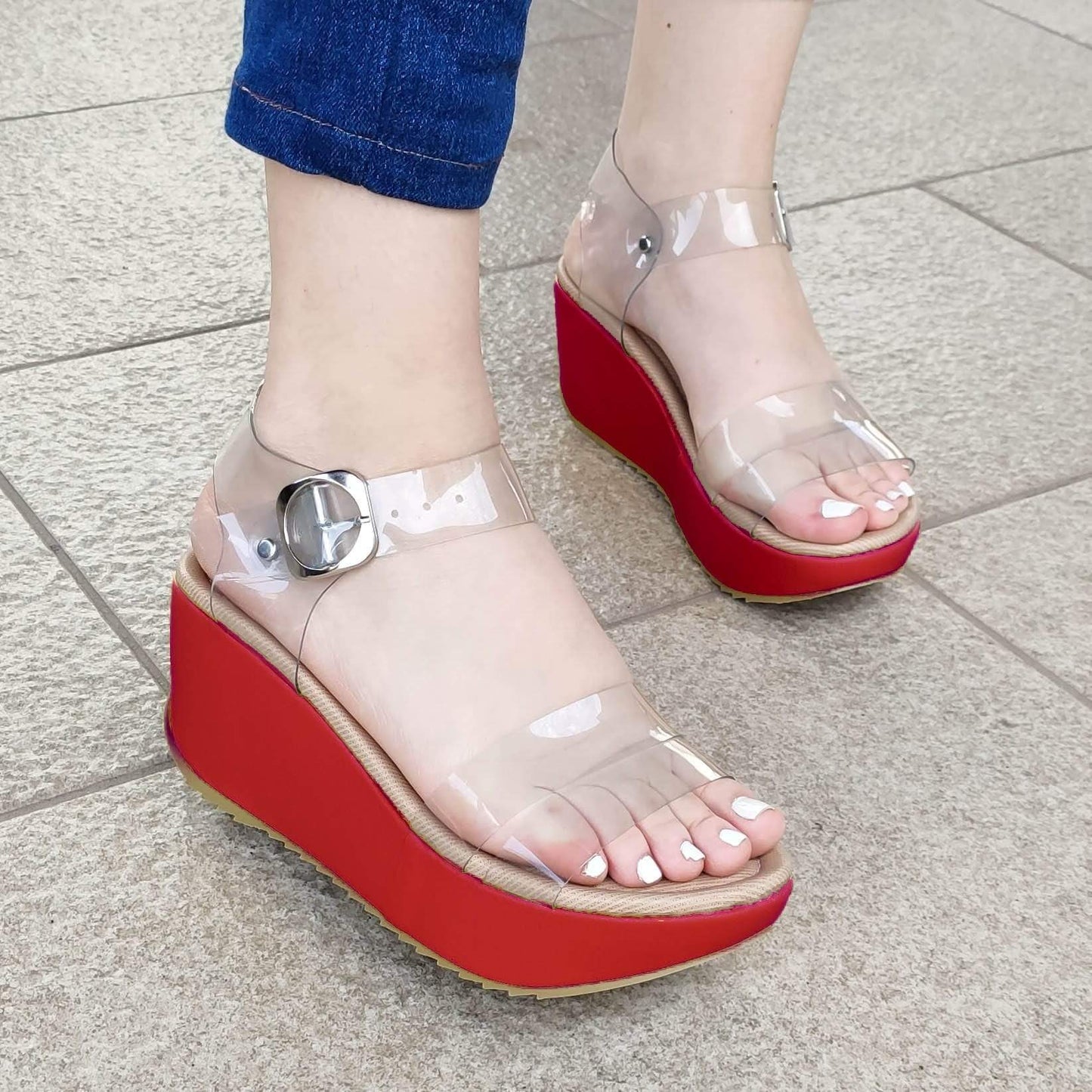 Sandalia Mediana Con Fajas Transparentes Rojo / 34 Normal Zapatos Medianos