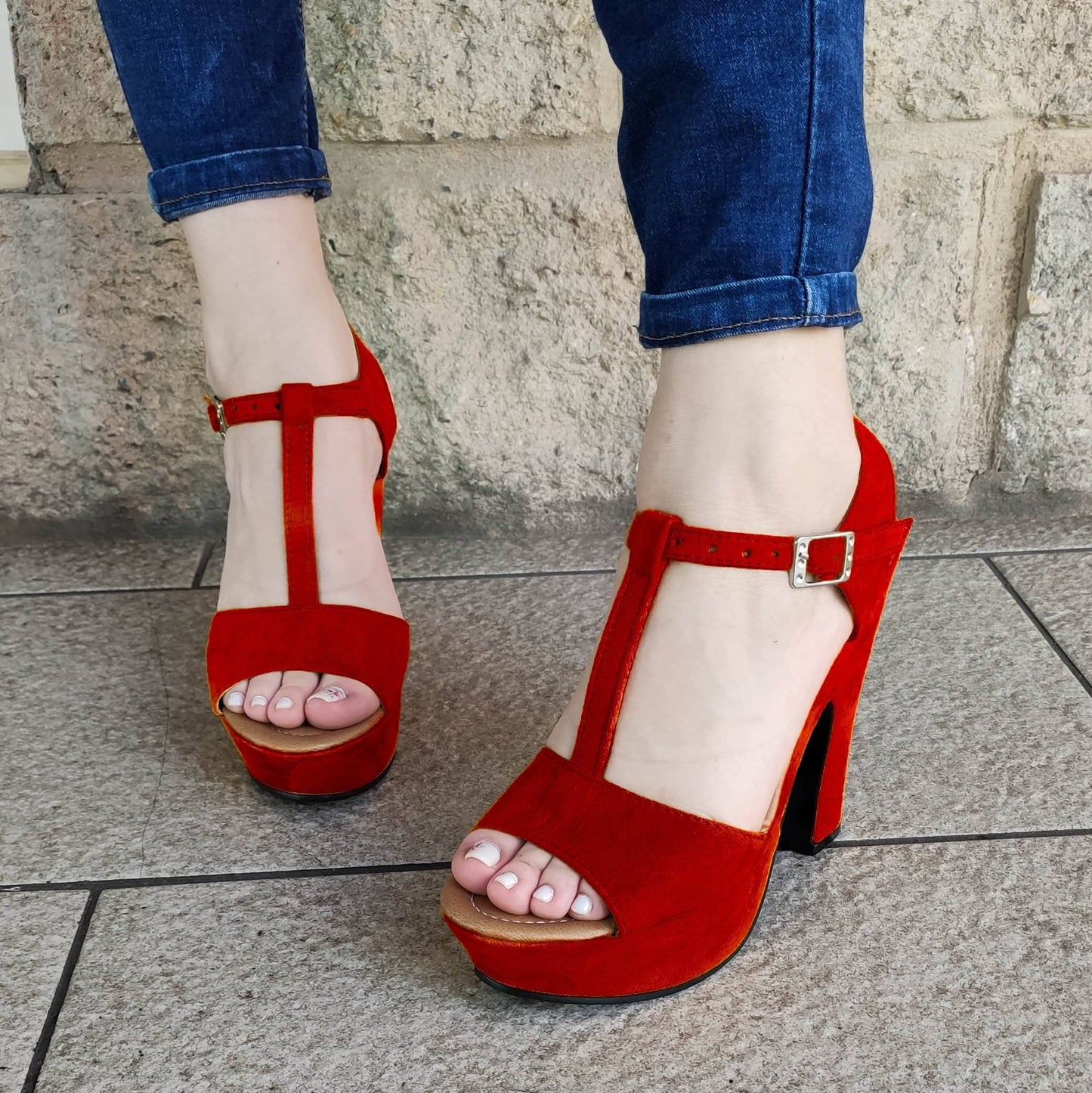 Hecho De Cuerina Gamuzada Unidos En Medio Rojo / 35 Normal Zapatos Altos