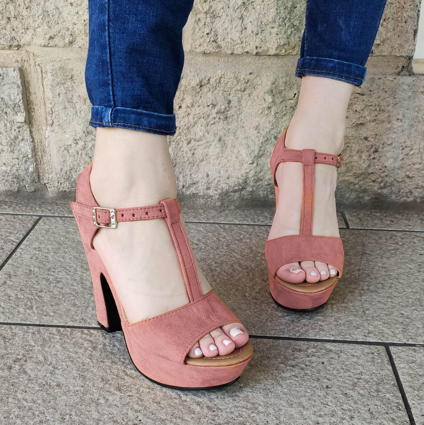 Hecho De Cuerina Gamuzada Unidos En Medio Rosado / 35 Normal Zapatos Altos