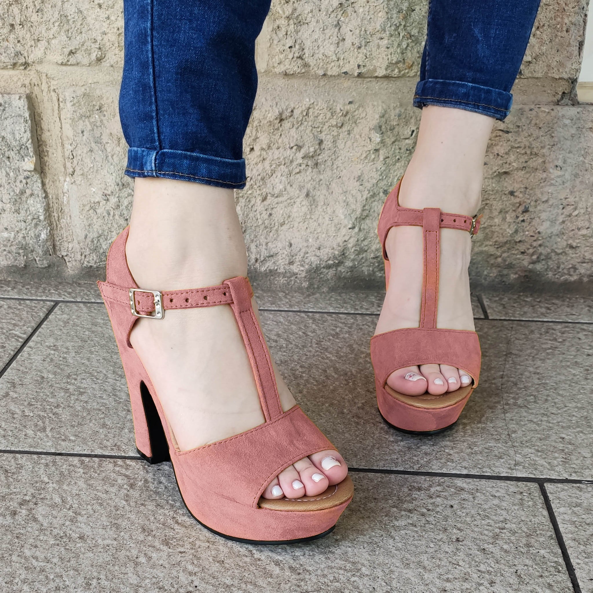 Hecho De Cuerina Gamuzada Unidos En Medio Rosado / 35 Normal Zapatos Altos