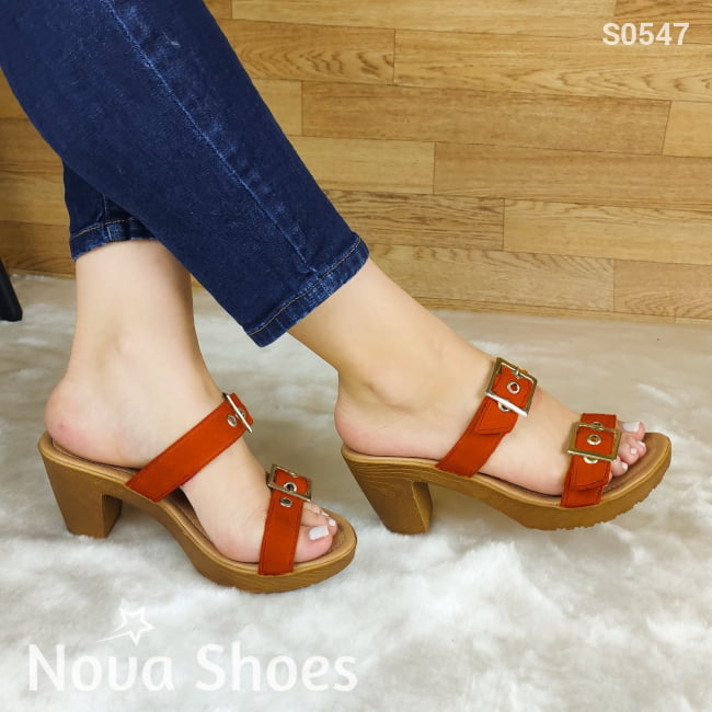 Sandalia Ajustable De Gamuza Con Suela Tacon Color Cafe Rojo / 35 Normal Zapatos Medianos