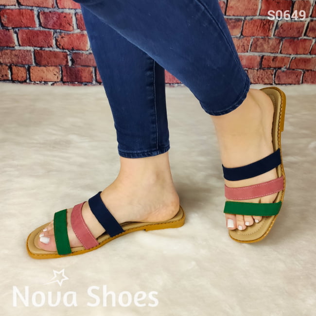 Sandalia Bajita De 3 Fajas Gamuzadas Verde / 35 Normal Zapatos Bajitos