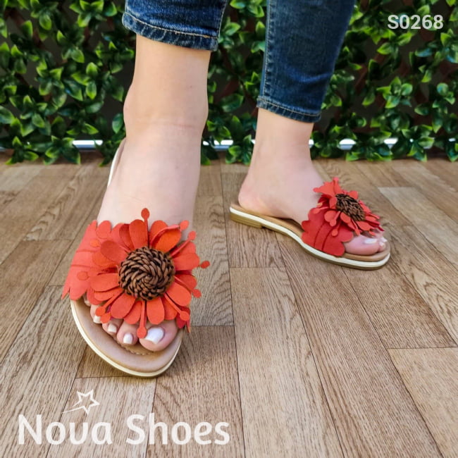 Sandalia Bajita Decorada Con Una Flor Anaranjado / 35 Normal Zapatos Bajitos