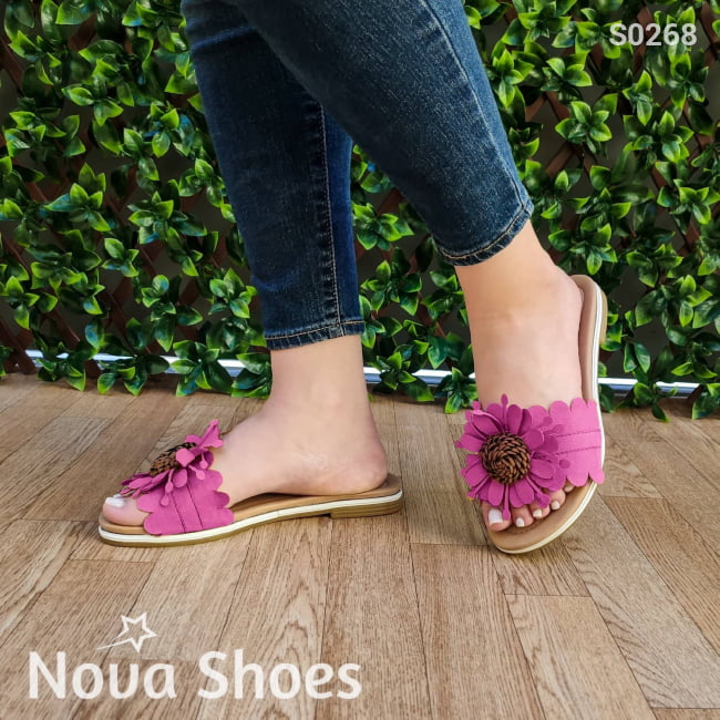 Sandalia Bajita Decorada Con Una Flor Fucsia / 35 Normal Zapatos Bajitos