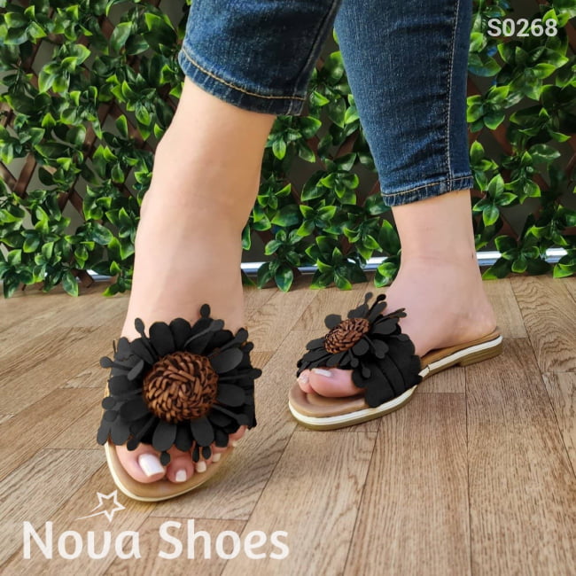 Sandalia Bajita Decorada Con Una Flor Negro / 35 Normal Zapatos Bajitos