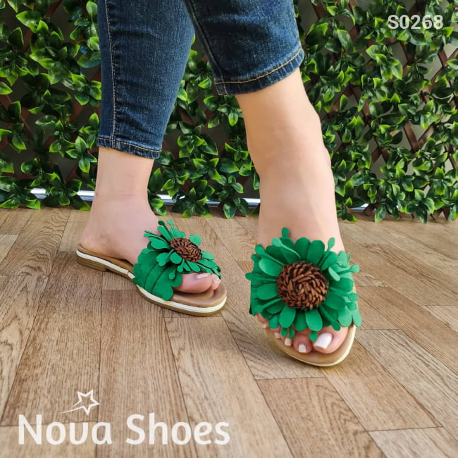 Sandalia Bajita Decorada Con Una Flor Verde / 35 Normal Zapatos Bajitos