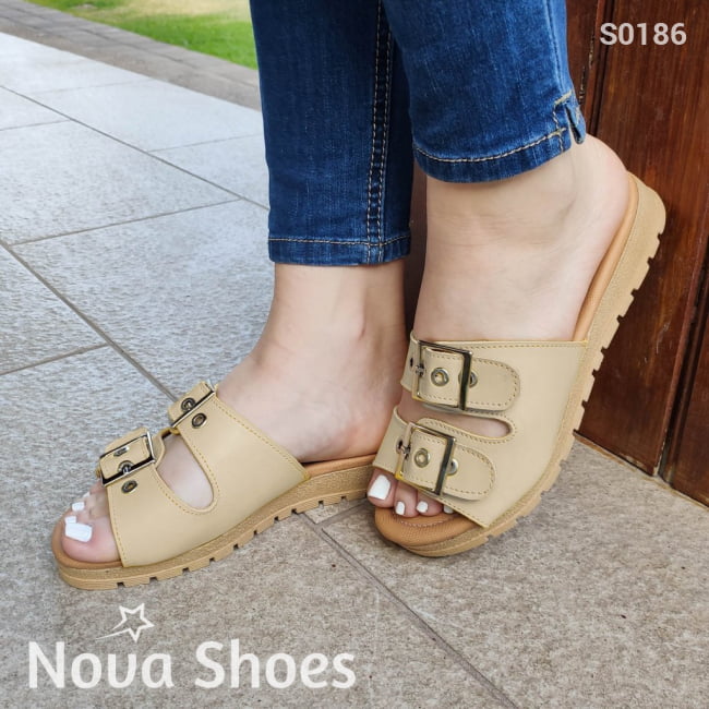 Sandalia Con Dos Hebillas Ajustable Beige / 34 Normal Zapatos Medianos