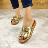 Sandalia Con Dos Hebillas Ajustable. Hechos De Cuerina Brillante Dorado / 35 Normal Zapatos Medianos