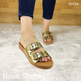 Sandalia Con Dos Hebillas Ajustable. Hechos De Cuerina Brillante Zapatos Medianos