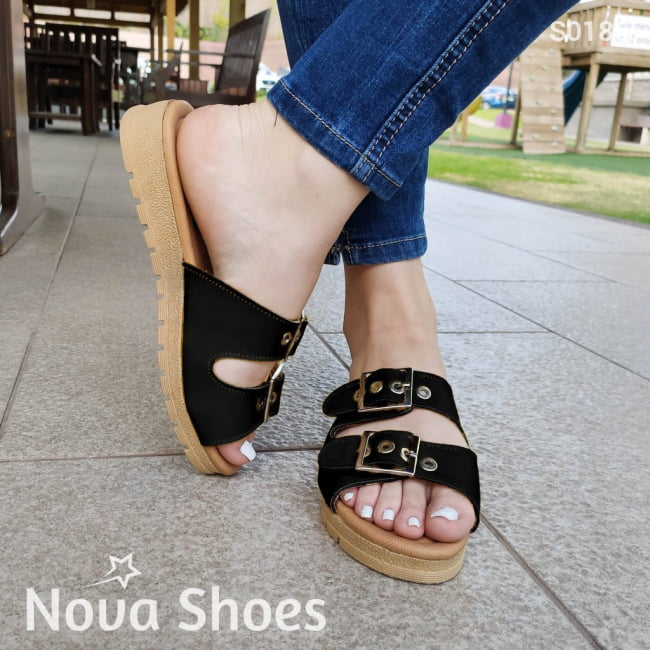 Sandalia Con Dos Hebillas Ajustable Negro / 34 Normal Zapatos Medianos