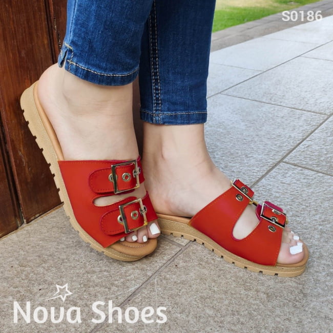 Sandalia Con Dos Hebillas Ajustable Rojo / 34 Normal Zapatos Medianos