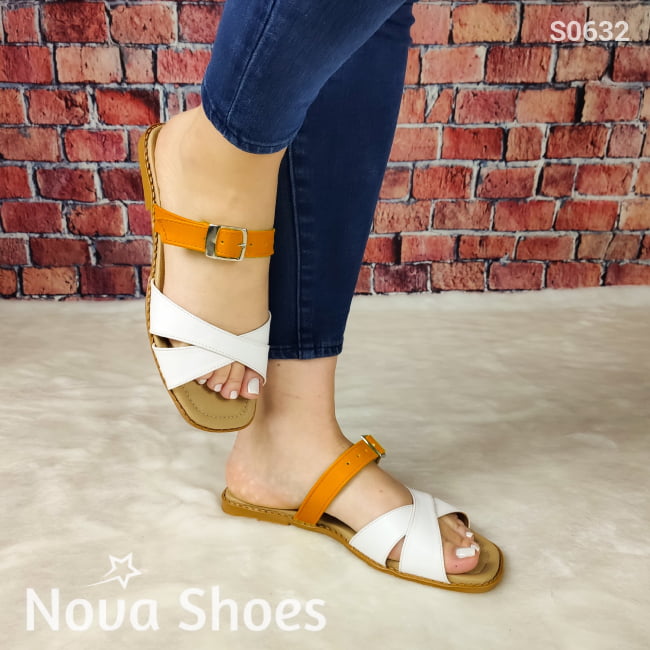 Sandalia Con Fajas Blancas Y Un Color Secundario Zapatos Bajitos