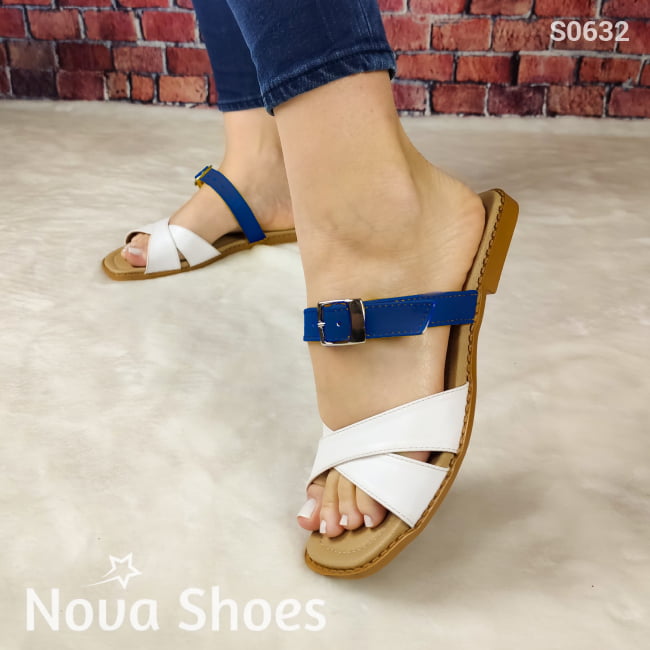 Sandalia Con Fajas Blancas Y Un Color Secundario Azul / 35 Normal Zapatos Bajitos