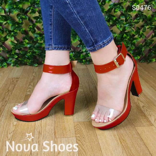 Sandalia Con Fajas De Charol Y Transparentes Hechos Tacon Cuadrado Rojo / 35 Normal Zapatos Altos