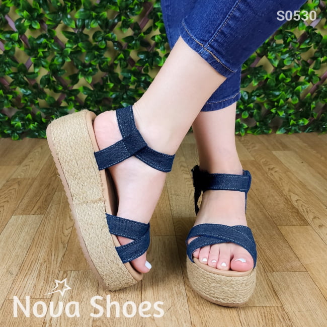 Sandalia Con Fajas Hechas De Tela Jean. Fáciles Combinar Cualquier Ropa Jean Oscuro / 35 Normal