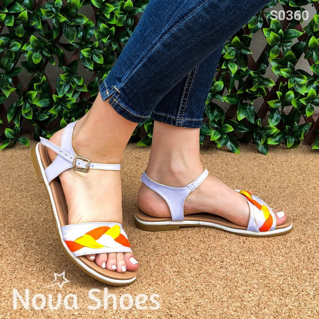 Sandalia Con Tela Entrelazada De Colores Blanco / 35 Normal Zapatos Bajitos