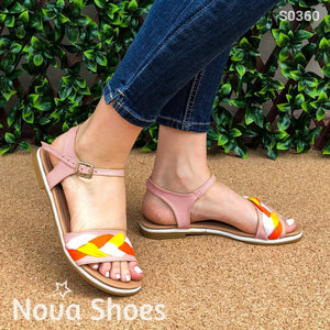 Sandalia Con Tela Entrelazada De Colores Rosado / 35 Normal Zapatos Bajitos